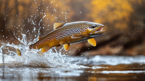 Brown trout leaps from water creating splashes in clear river during bright s...