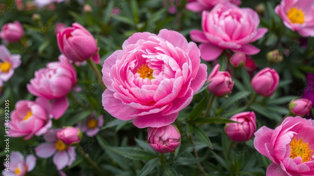 Pink peony flowers in full bloom creating a lush and vibrant background, spring, bloom, beauty Pink peony flowers in full bloom creating a lush and vibrant background, spring, bloom, beauty