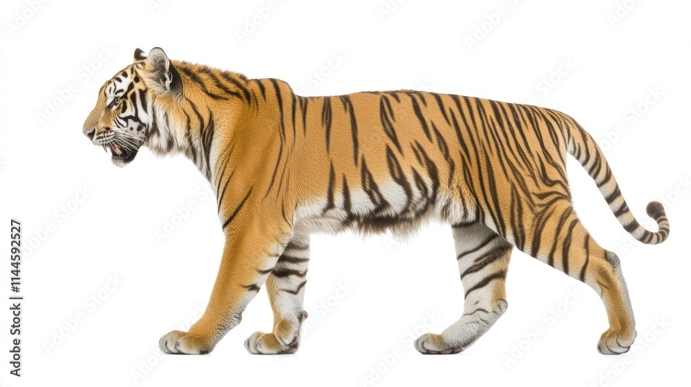 Side profile of a white tiger walking gracefully, highlighting its striped fur and strong features, isolated against a white background Side profile of a white tiger walking gracefully, highlighting its striped fur and strong features, isolated against a white background