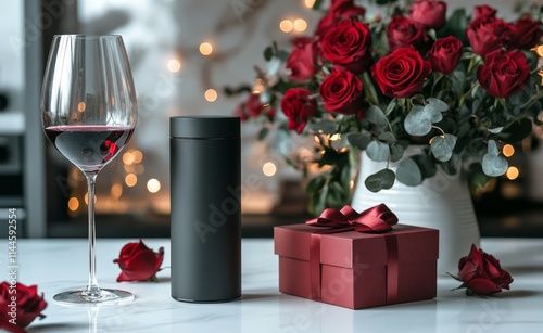 Elegant setup with two wine glasses, a bouquet of red roses, and a gift box o...