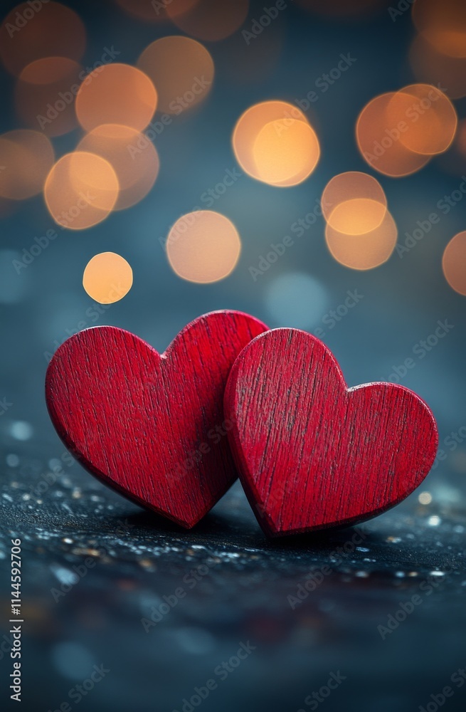 Two wooden hearts on a table with blurred warm lights in the background create a romantic atmosphere, perfect Two wooden hearts on a table with blurred warm lights in the background create a romantic atmosphere, perfect