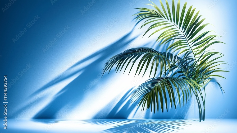 Fototapeta premium Blue Minimalist Background Palm Leaf Shadows Summer Product Presentation