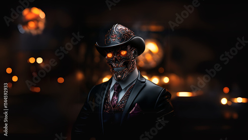 skull -  Cybernetic Skull Gentleman with Glowing Red Eyes.