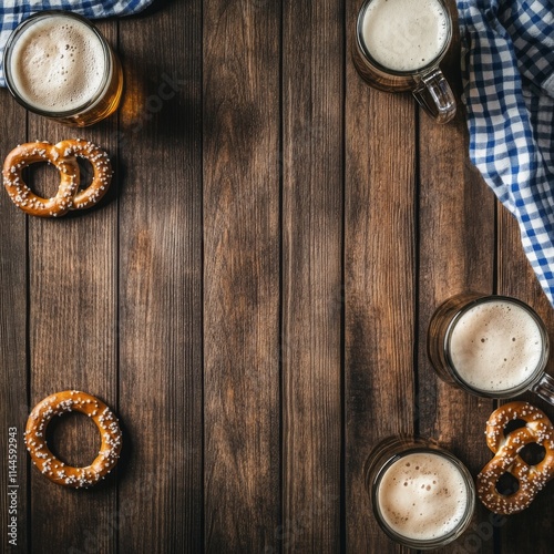 Enjoying beer and pretzels at a cozy gathering on a wooden table with a check...