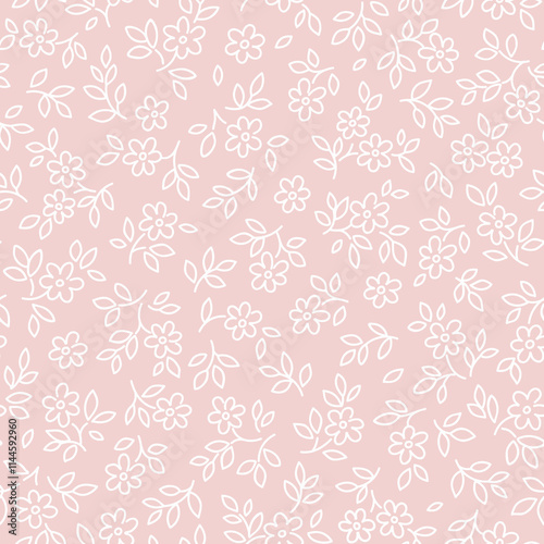 Floral pattern. Daisy flowers on light pink background. Printing with small outline white flowers. Ditsy print. Seamless vector texture. Spring bouquet. Stock vector pattern. Ditsy style. Stock vector