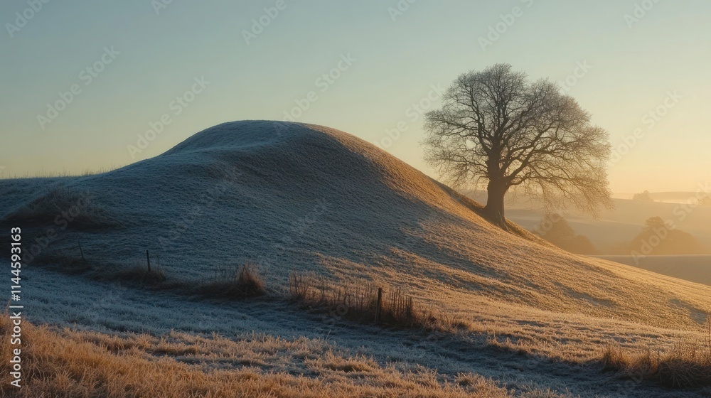 A serene winter landscape with a frosty hill and a solitary tree at sunrise. A serene winter landscape with a frosty hill and a solitary tree at sunrise.