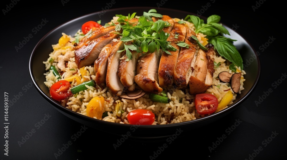Thai fried rice with egg, prawns, and vegetables, ambient light, space on the left,generative ai illustration Thai fried rice with egg, prawns, and vegetables, ambient light, space on the left,generative ai illustration