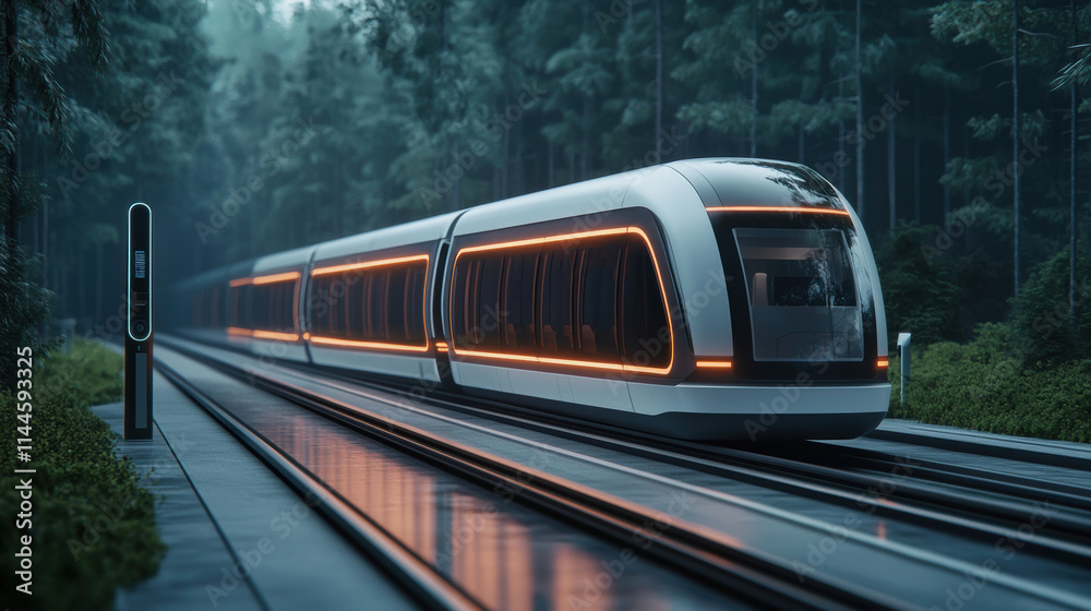 Naklejka premium futuristic train with glowing lights travels through forested area on sleek tracks
