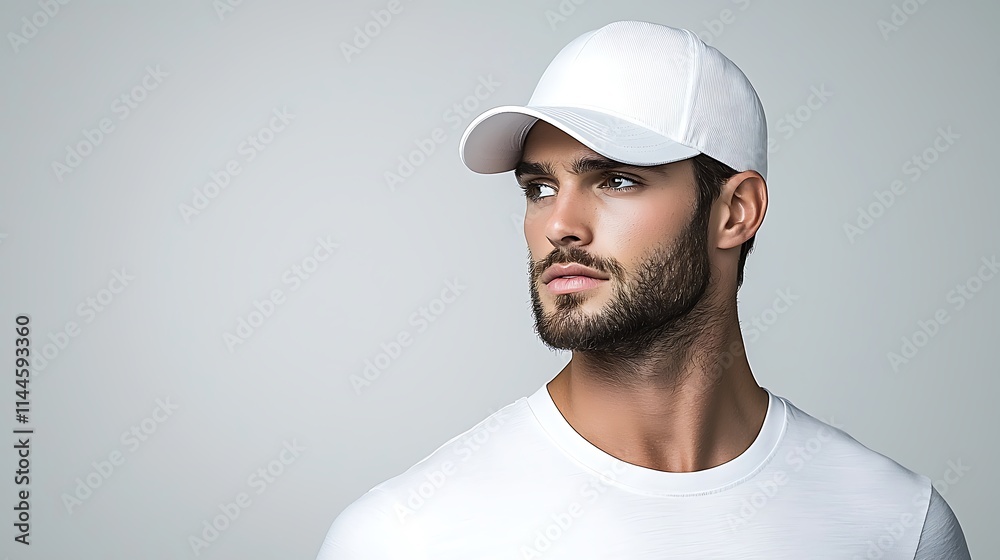 American model with a white baseball hat on, out side, full body, ultra-realistic, photo-realistic, highly detailed, 