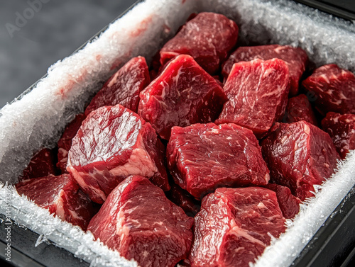 Fresh raw vacuum sealed deer meat chunks in container, ready for cooking