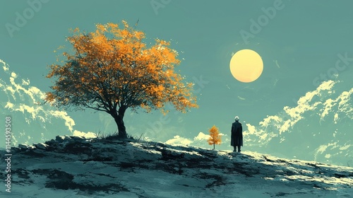 A solitary figure stands by a vibrant tree under a sun.