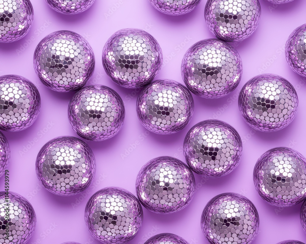 Shiny purple disco balls scattered on pastel background create vibrant and festive atmosphere, perfect for parties and celebrations Shiny purple disco balls scattered on pastel background create vibrant and festive atmosphere, perfect for parties and celebrations