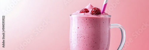 Delicious pink smoothie topped with fresh raspberries served in a clear glass...