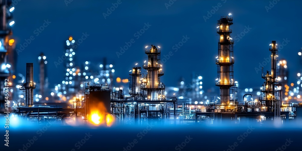 A nighttime industrial scene featuring illuminated oil refineries and equipment, with vibrant lights and a smoky atmosphere. Concept Nighttime Industrial Photography, Illuminated Oil Refineries A nighttime industrial scene featuring illuminated oil refineries and equipment, with vibrant lights and a smoky atmosphere. Concept Nighttime Industrial Photography, Illuminated Oil Refineries