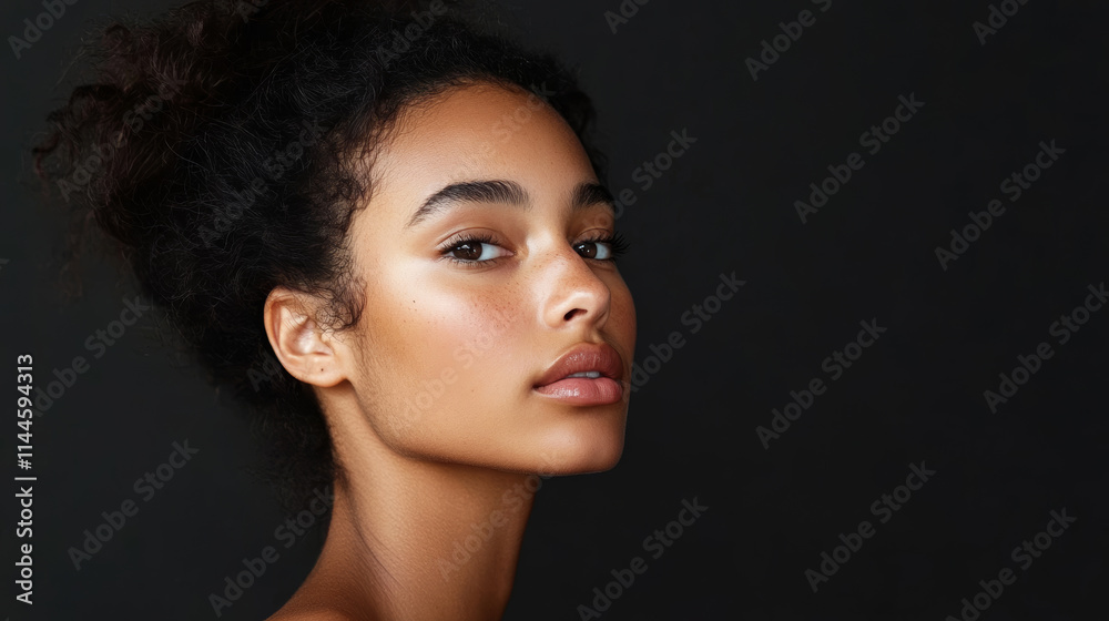 Fototapeta premium Portrait of a young woman with natural beauty against a dark background showcasing tranquility and confidence