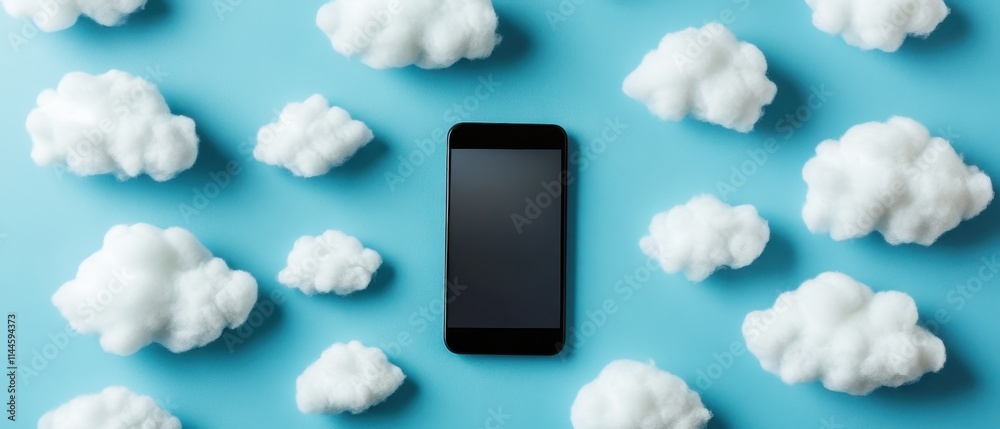 Cloud Computing Concept, Smartphone Surrounded by Fluffy Clouds on a Blue Background Cloud Computing Concept, Smartphone Surrounded by Fluffy Clouds on a Blue Background