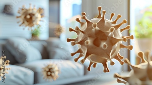 Floating airborne virus in a living room, with a blurred background of cozy furniture and warm lighting.