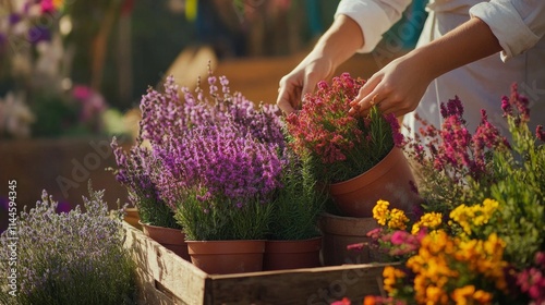 Flower vendor arranging vibrant potted plants at a bustling market during sun...