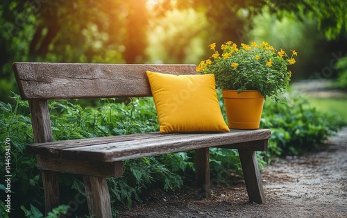 Inviting garden bench surrounded by colorful flowers and greenery in a serene...