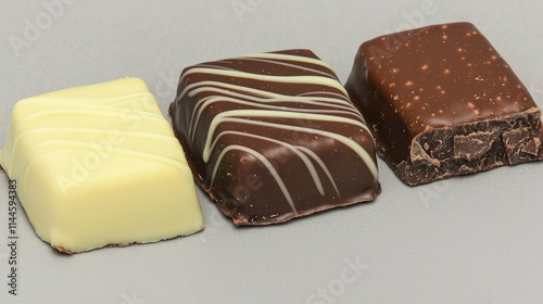 Three different chocolate pralines, including white chocolate, dark chocolate with drizzle, and milk chocolate, arranged in a row on a grey background.