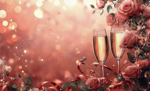 Celebratory moment with sparkling champagne and roses at a romantic outdoor g...