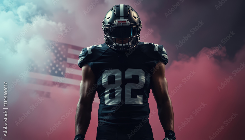 Football player in a navy jersey with a US flag backdrop surrounded by vibrant smoke, symbolizing patriotism. Football player in a navy jersey with a US flag backdrop surrounded by vibrant smoke, symbolizing patriotism.