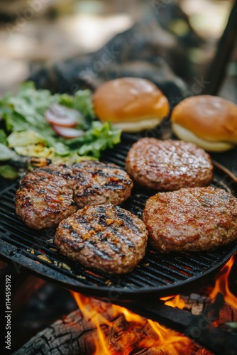 Grilling juicy burgers on a barbecue with fresh lettuce and a toasted bun dur...