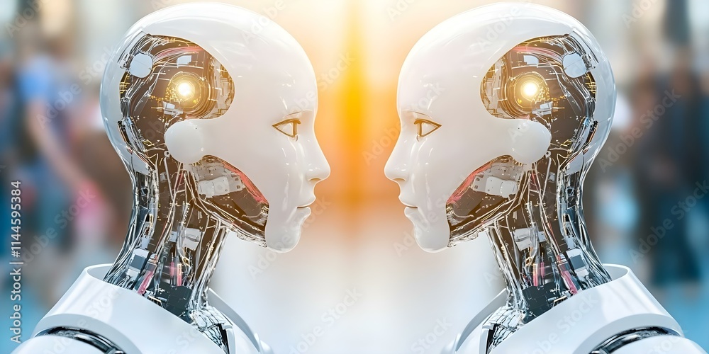 Fototapeta premium Two humanoid robots facing each other, showcasing intricate mechanical and electronic components, with a bright background. Concept Humanoid Robots, Intricate Mechanisms, Electronic Components
