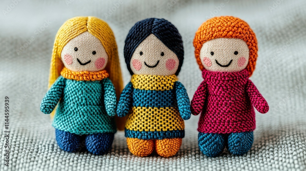 Fototapeta premium Colorful Handcrafted Dolls with Smiling Faces and Distinct Outfits Standing Together on a Soft Textured Background