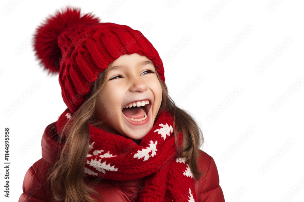 Joyful girl in Red Winter Attire Isolated on Transparent Background Joyful girl in Red Winter Attire Isolated on Transparent Background