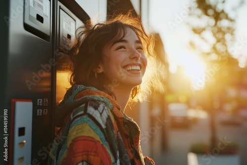 Joyful woman smiling brightly against a golden sunset in an urban outdoor setting photo