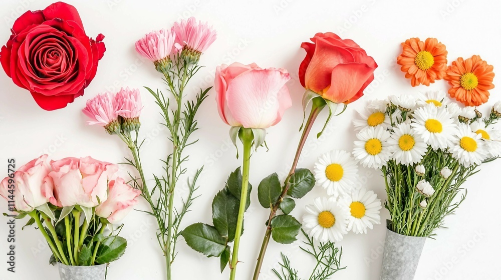 Colorful Arrangement of Fresh Flowers on a Light Background Colorful Arrangement of Fresh Flowers on a Light Background