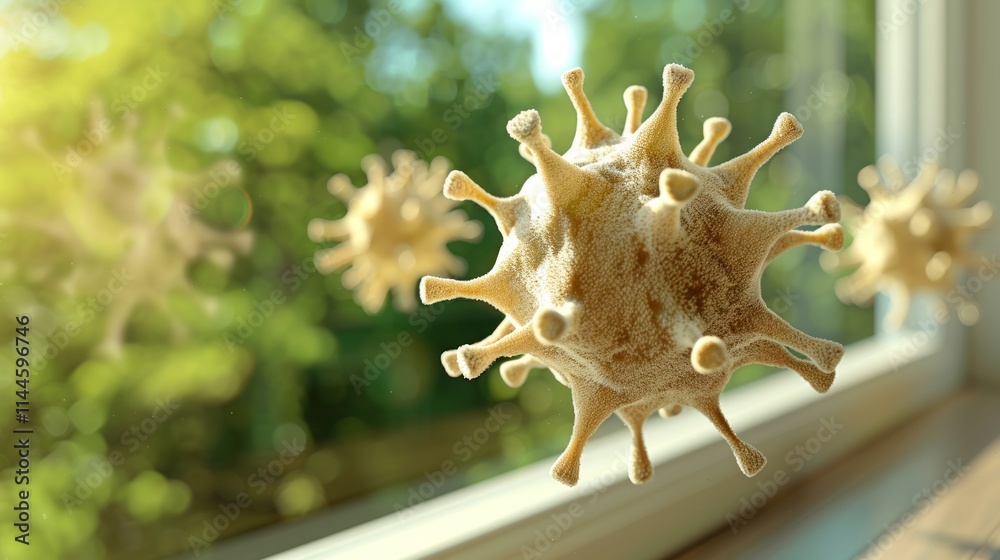 Microscopic airborne virus particles with a blurred home background, depicting indoor air quality. Microscopic airborne virus particles with a blurred home background, depicting indoor air quality.