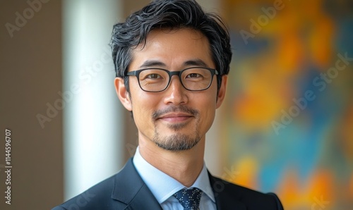 Professional Asian man with glasses smiling against a colorful background in ...