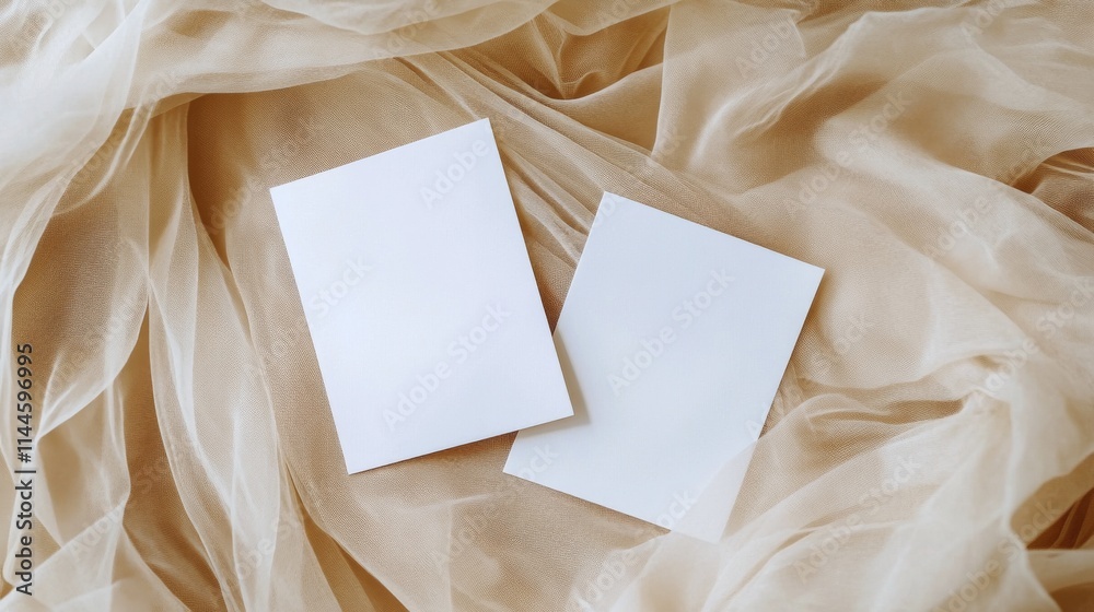 Blank cards placed on soft fabric with dried flowers creating an elegant and minimalistic decor for stationery Blank cards placed on soft fabric with dried flowers creating an elegant and minimalistic decor for stationery