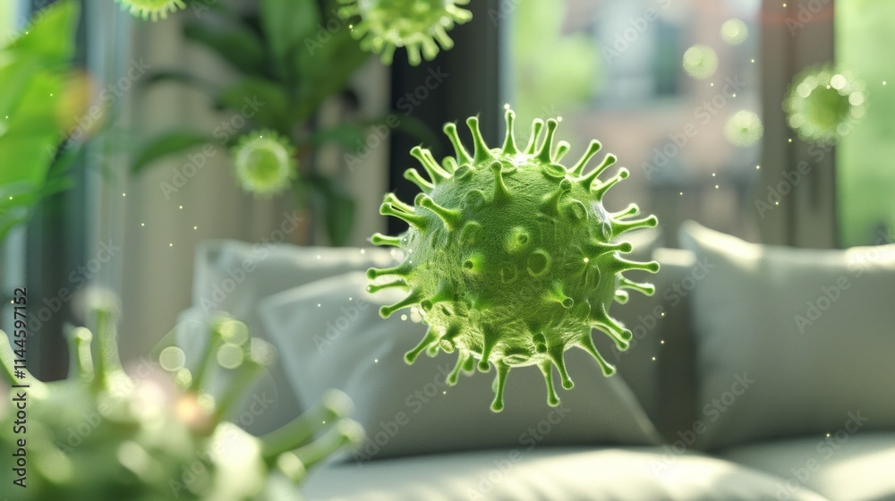 Virus particles floating in a living room with a soft blurred background of interior elements. Virus particles floating in a living room with a soft blurred background of interior elements.