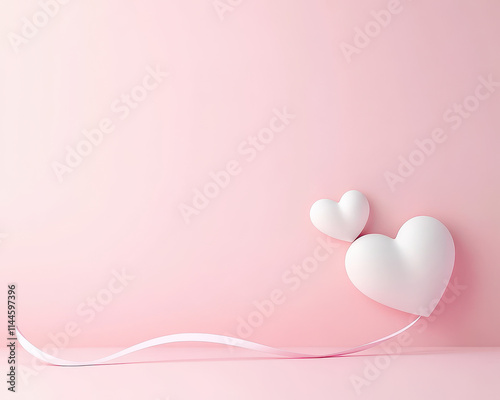 Minimalist white hearts on soft pink background with flowing ribbon, creating romantic and serene atmosphere. Perfect for love themed designs