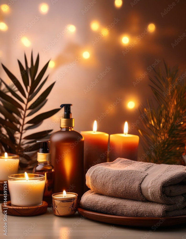 luxurious spa aroma setup with towels, candles, and essential oils, relaxation luxurious spa aroma setup with towels, candles, and essential oils, relaxation