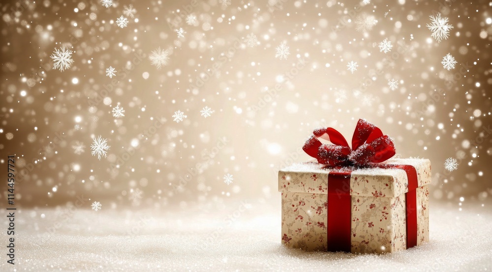 Winter gift box with red ribbon on snowy surface surrounded by sparkling lights creating a festive atmosphere Winter gift box with red ribbon on snowy surface surrounded by sparkling lights creating a festive atmosphere