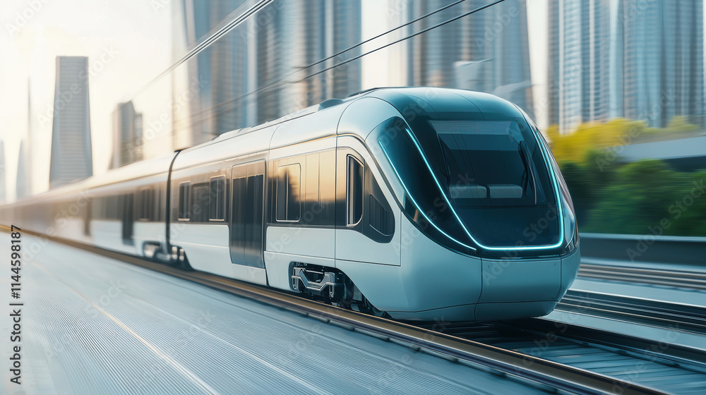 Fototapeta premium sleek futuristic electric train gliding through modern urban cityscape