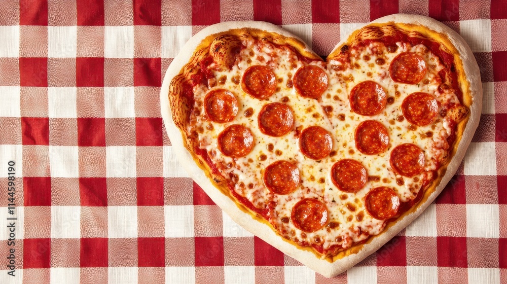 Heart-Shaped Pizza with Pepperoni on Checkered Tablecloth Heart-Shaped Pizza with Pepperoni on Checkered Tablecloth