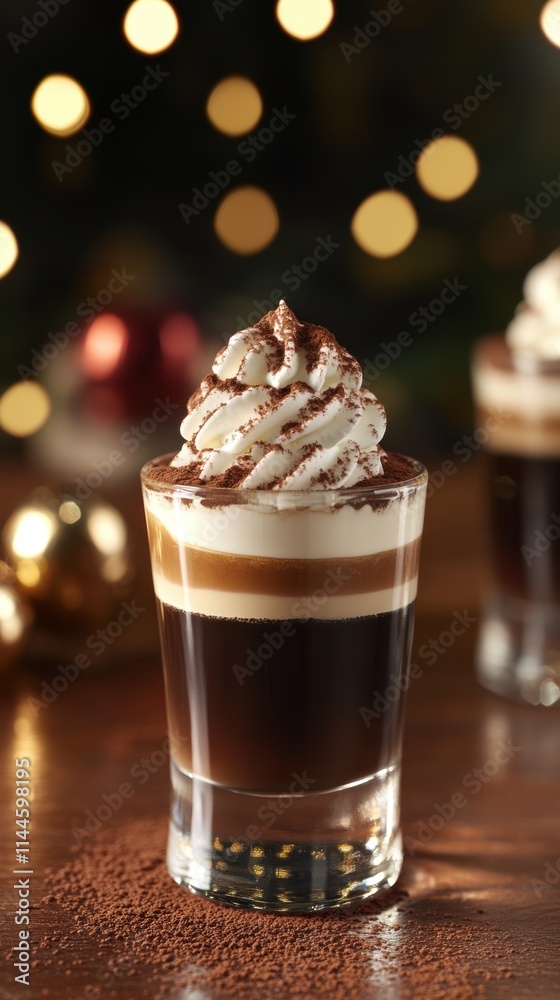 Glass filled with layered Irish coffee, with whipped cream and ground cocoa on top, with blurred Christmas tree light on background. Glass filled with layered Irish coffee, with whipped cream and ground cocoa on top, with blurred Christmas tree light on background.