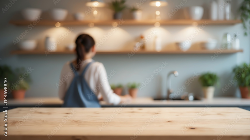 Blurred image of a modern kitchen with dishes and a woman in the background, with an empty wooden countertop in the foreground Blurred image of a modern kitchen with dishes and a woman in the background, with an empty wooden countertop in the foreground