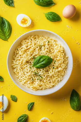 Delicious bowl of seasoned noodles with fresh basil and boiled eggs on a vibr...