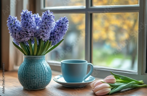 Vibrant spring flowers and a cup of tea on a sunny windowsill create a serene...