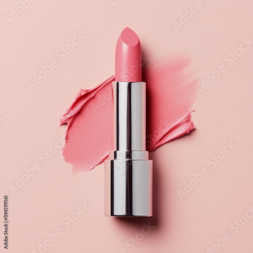 Bright pink lipstick stands against a soft pink background, showcasing a stylish cosmetic product perfect for