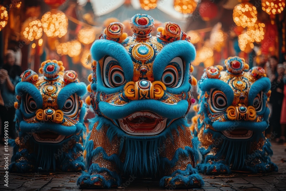 Fototapeta premium Colorful lion dance costumes during a festive celebration, showcasing cultural heritage.
