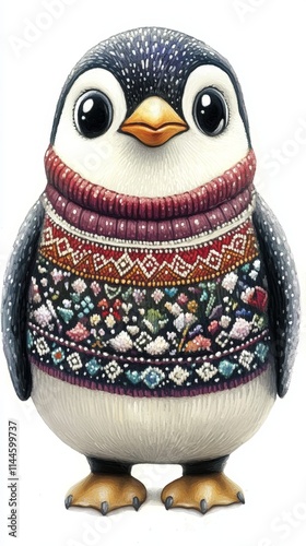 Adorable Penguin in Embroidered Sweater, isolated on white background, perfect for children's book illustrations, greeting cards, or educational materials photo