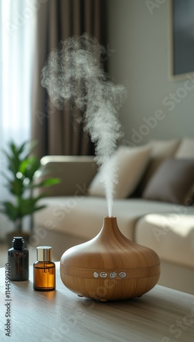 Aromatherapy diffuser releasing mist in a modern living room with natural lig...
