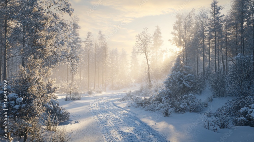 A serene winter landscape with snow-covered trees and a winding path illuminated by sunlight. A serene winter landscape with snow-covered trees and a winding path illuminated by sunlight.